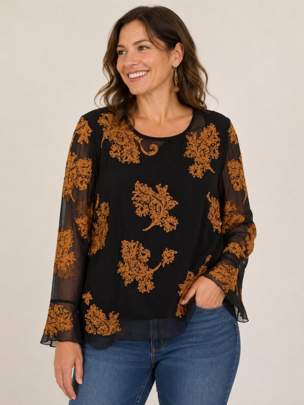 Sundance Top Women's L Black Mesh Embroidered Beaded Gold Boho Whimsigoth Fairy
